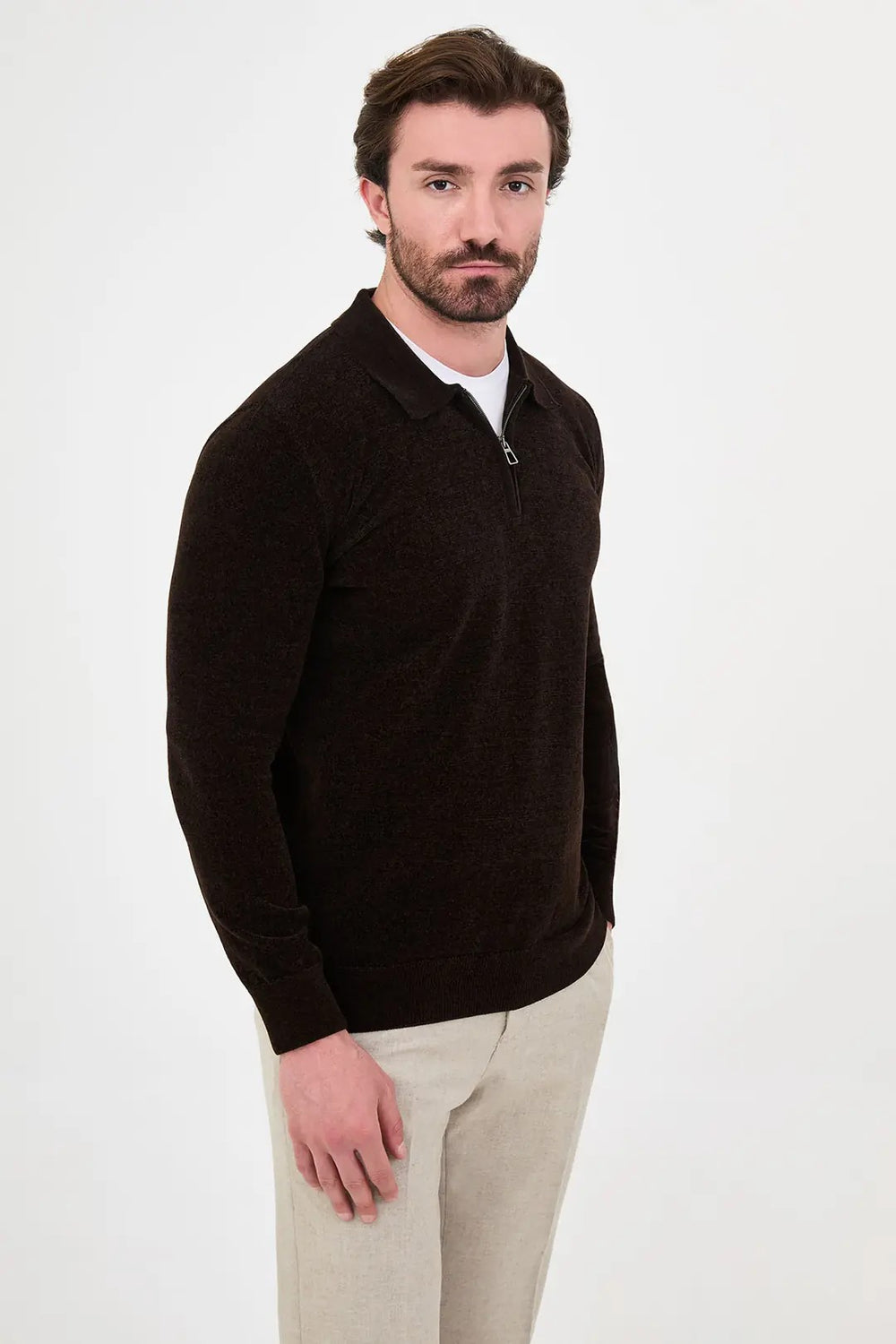 CENTİLMEN Düz Slim Fit Polo Yaka Fermuarlı Şönil Erkek Triko Kazak 11603
