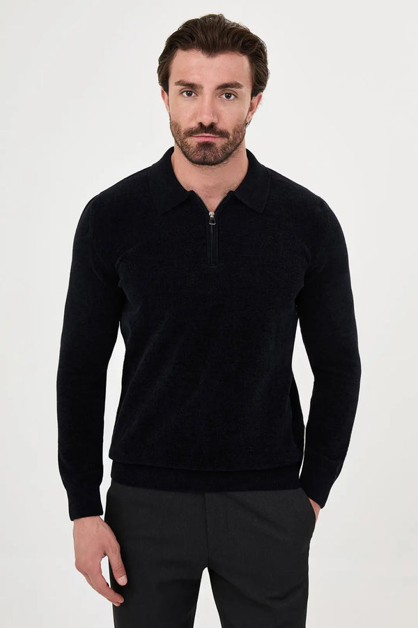 CENTİLMEN Düz Slim Fit Polo Yaka Fermuarlı Şönil Kazak 11603