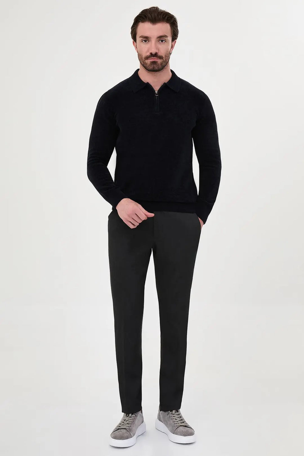 CENTİLMEN Düz Slim Fit Polo Yaka Fermuarlı Şönil Erkek Triko Kazak 11603