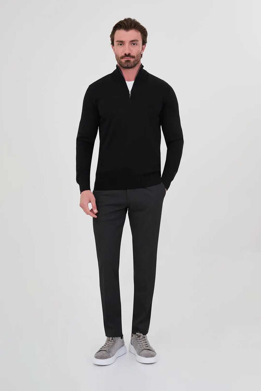 CENTİLMEN Düz Slim Fit Dik Yaka Fermuarlı Pamuk Erkek Triko Kazak 11607