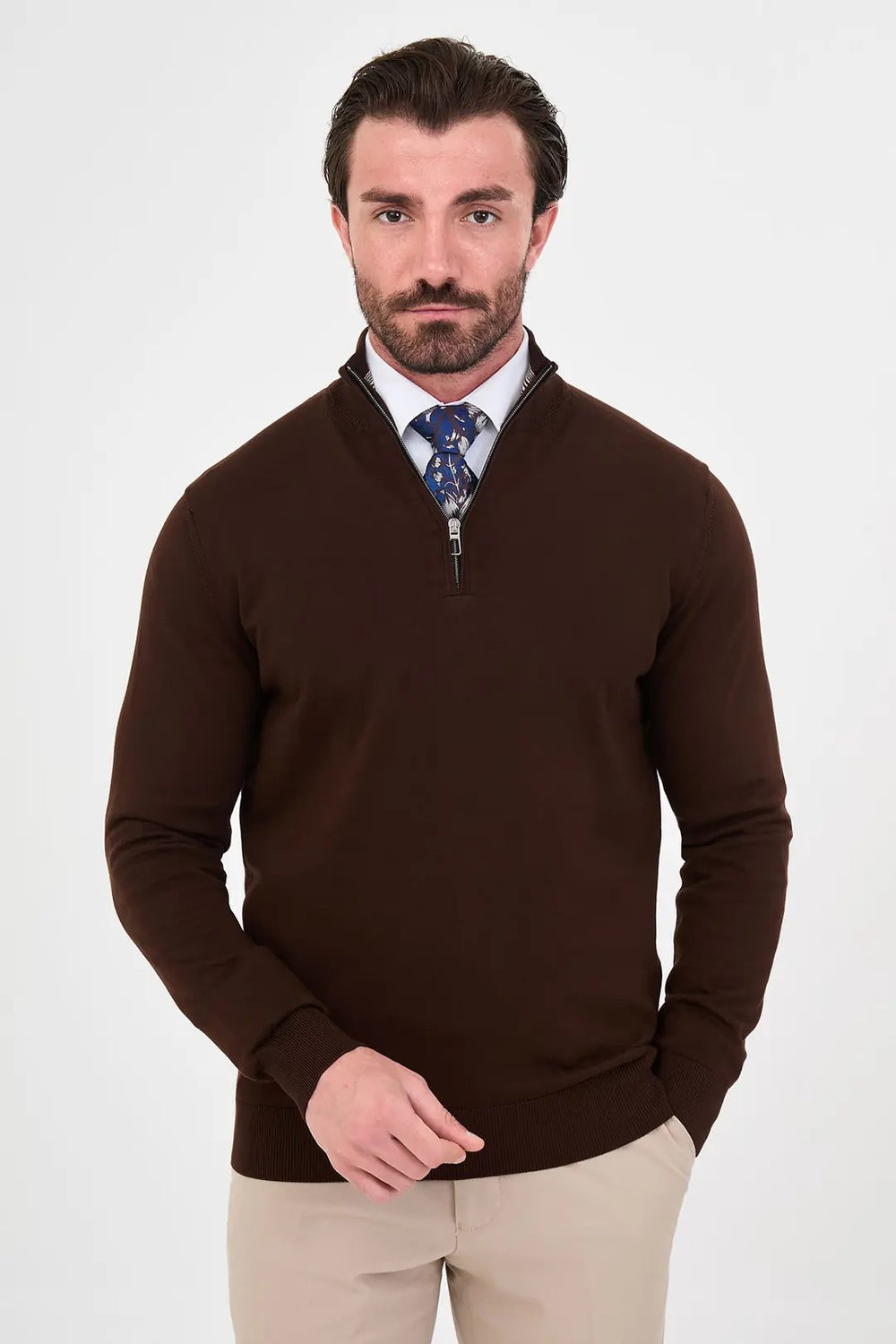 CENTİLMEN Düz Slim Fit Dik Yaka Fermuarlı Pamuk Erkek Triko Kazak 11607