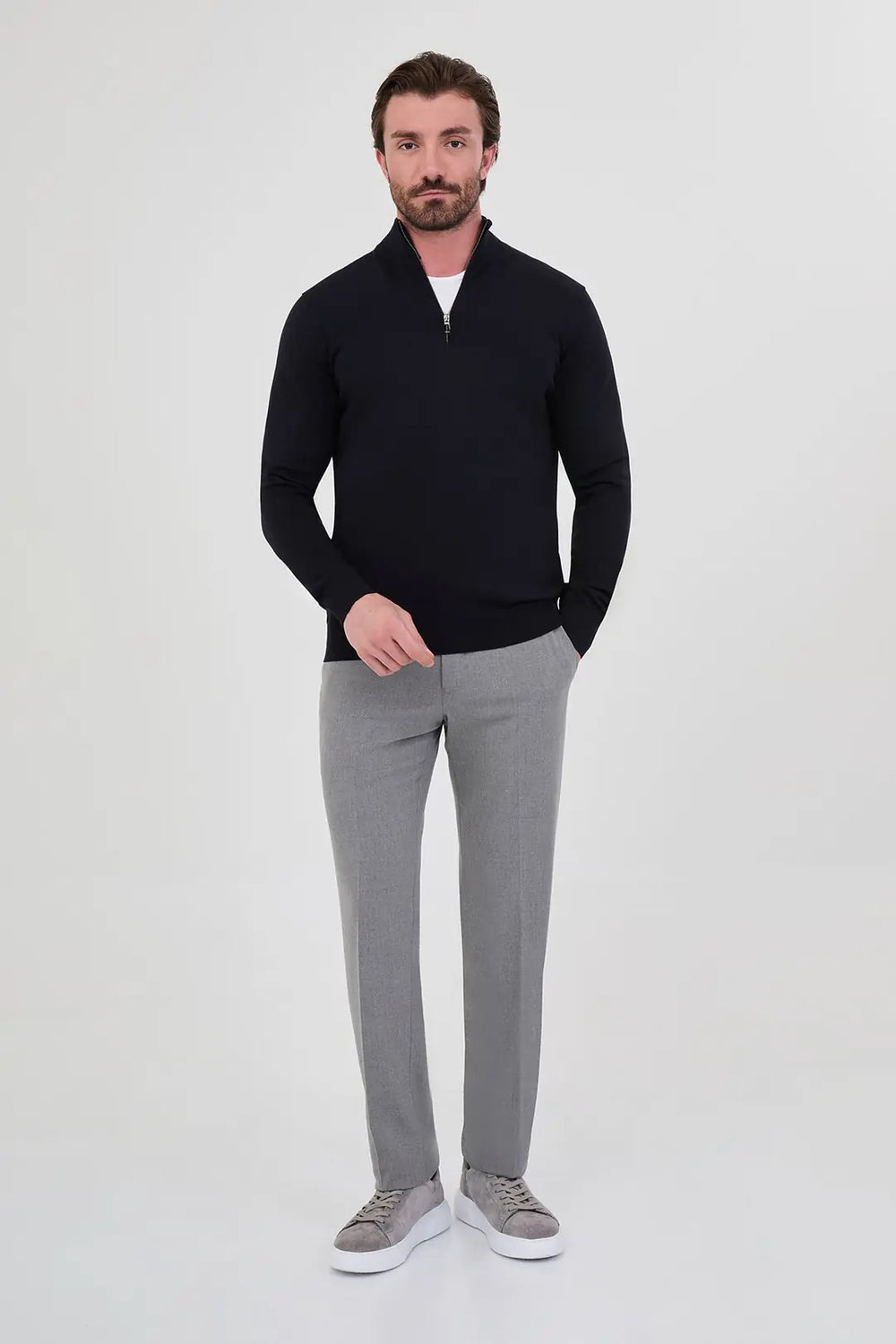 CENTİLMEN Düz Slim Fit Dik Yaka Fermuarlı Pamuk Erkek Triko Kazak 11607