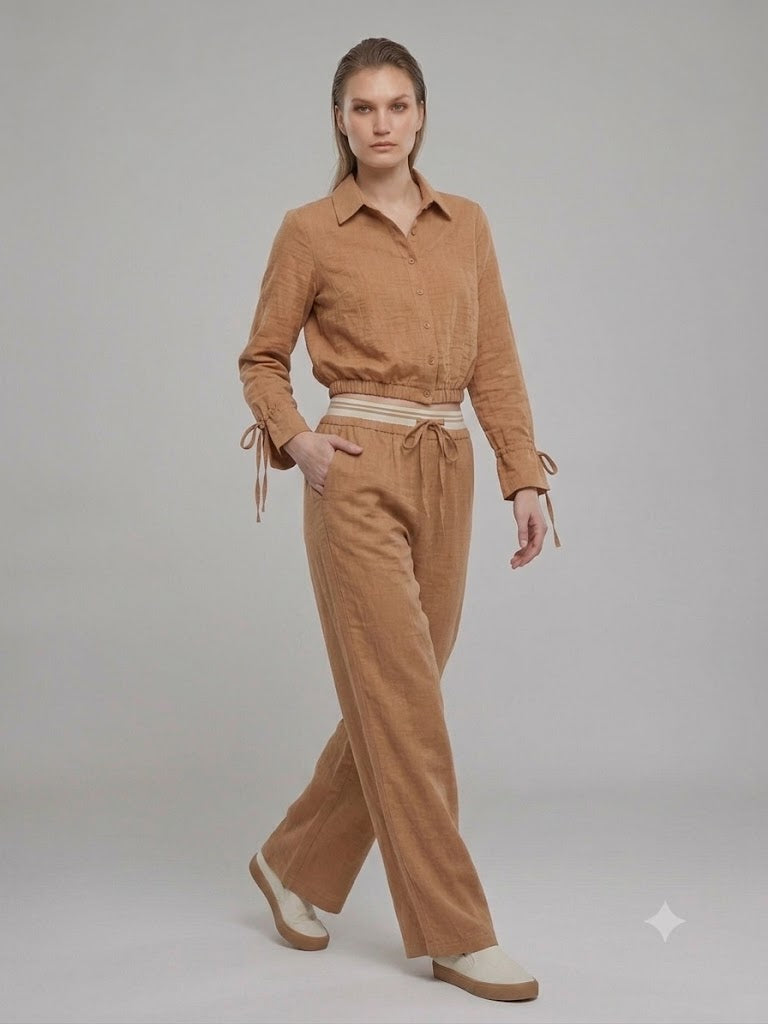 MODAİLGİ Beli Çizgili Lastikli Rahat Kesim Keten Bluz 10037