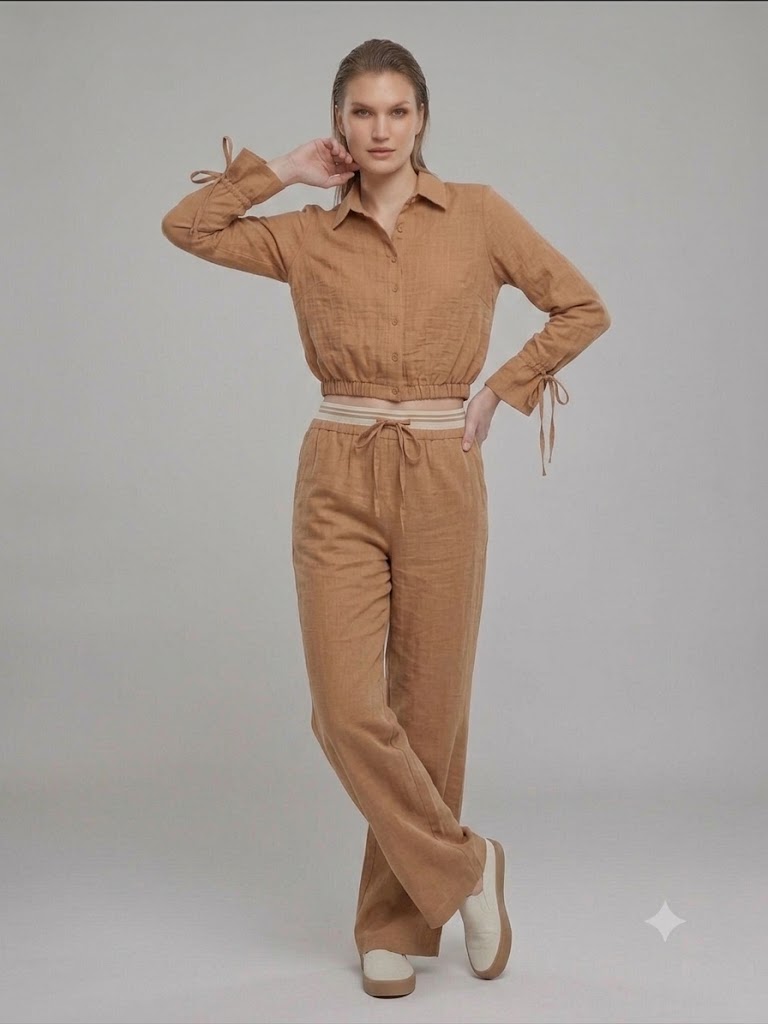 MODAİLGİ Beli Çizgili Lastikli Rahat Kesim Keten Bluz 10037