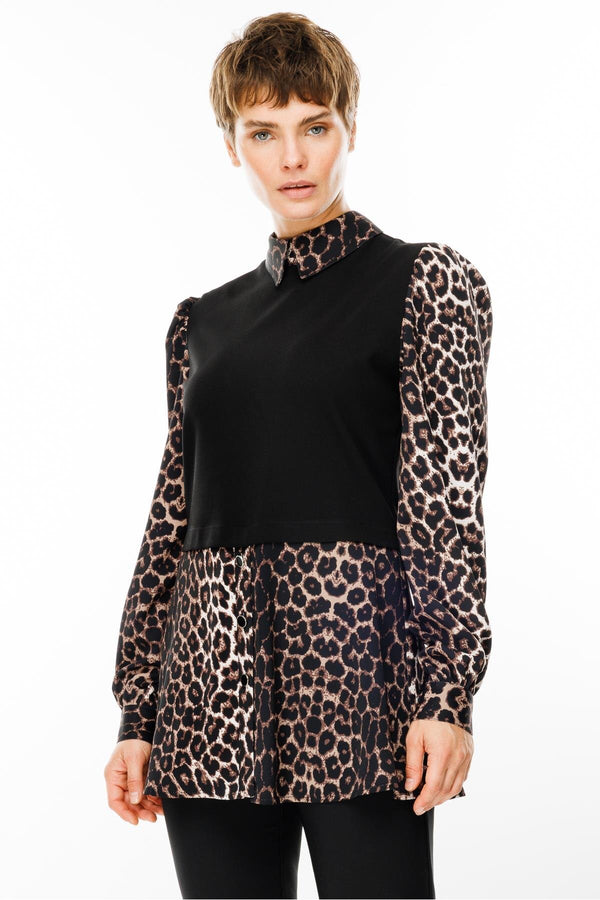 MODAİLGİ Triko Kumaş Garnili Leopar Desen Gömlek Tunik 1542