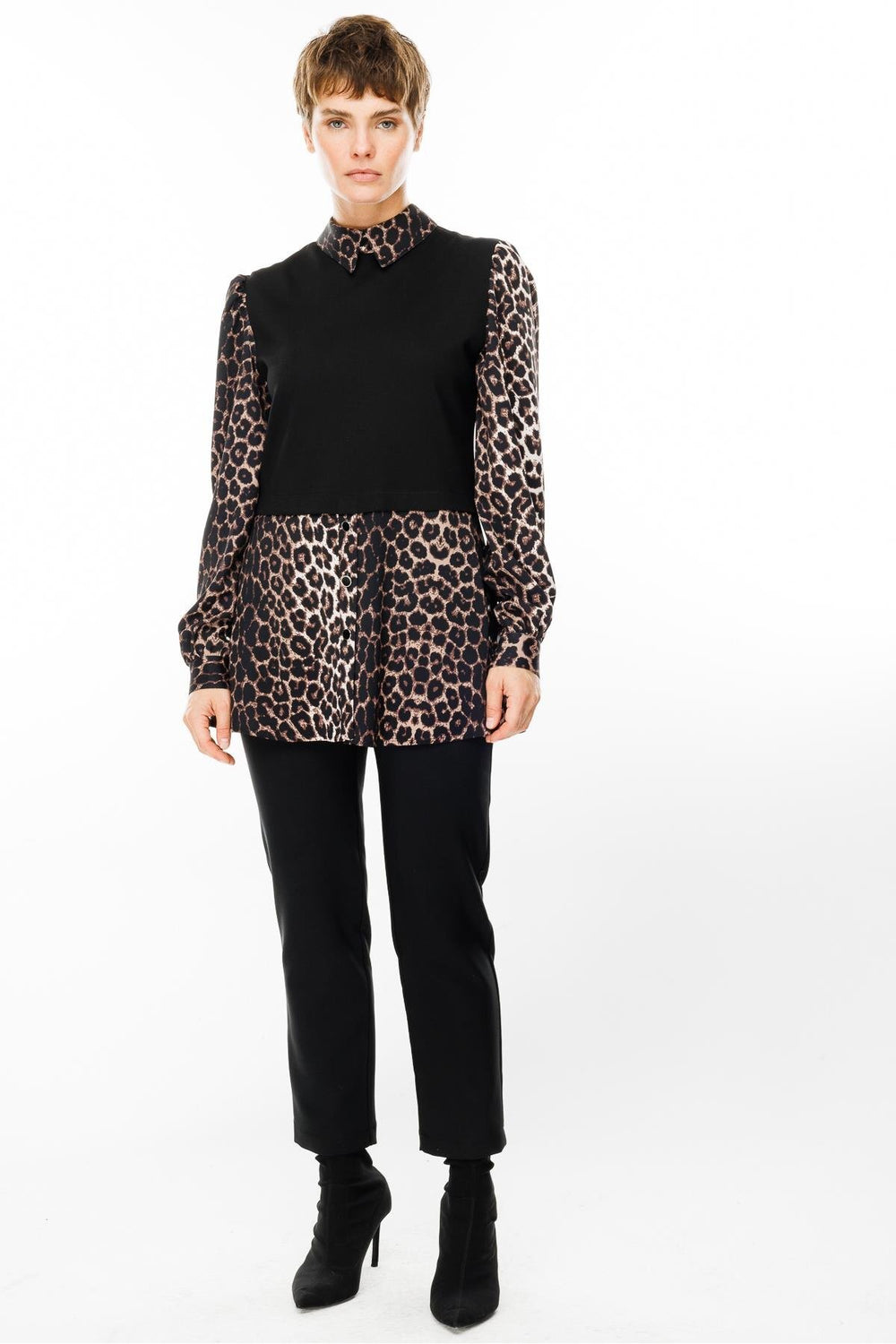 MODAİLGİ Triko Kumaş Garnili Leopar Desen Gömlek Tunik 1542