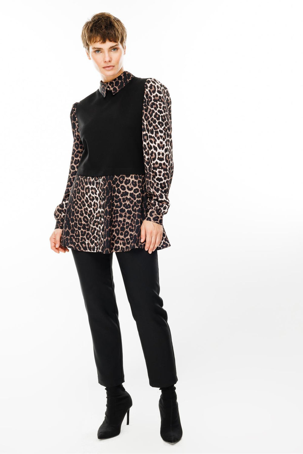 MODAİLGİ Triko Kumaş Garnili Leopar Desen Gömlek Tunik 1542