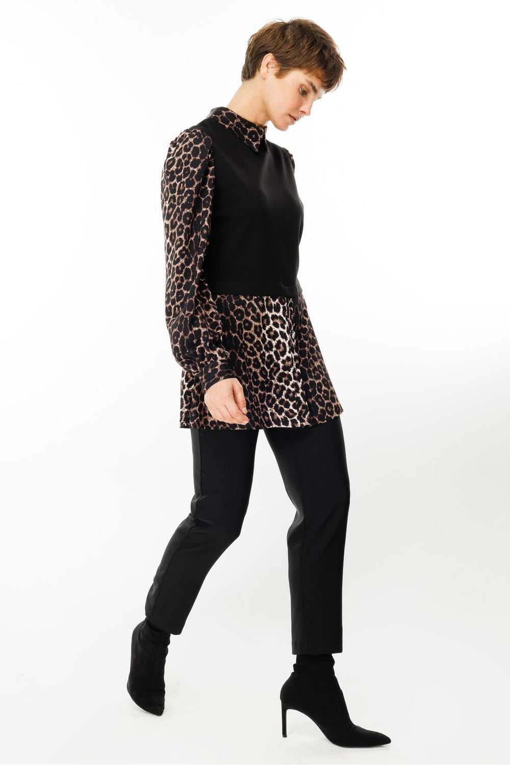 MODAİLGİ Triko Kumaş Garnili Leopar Desen Gömlek Tunik 1542
