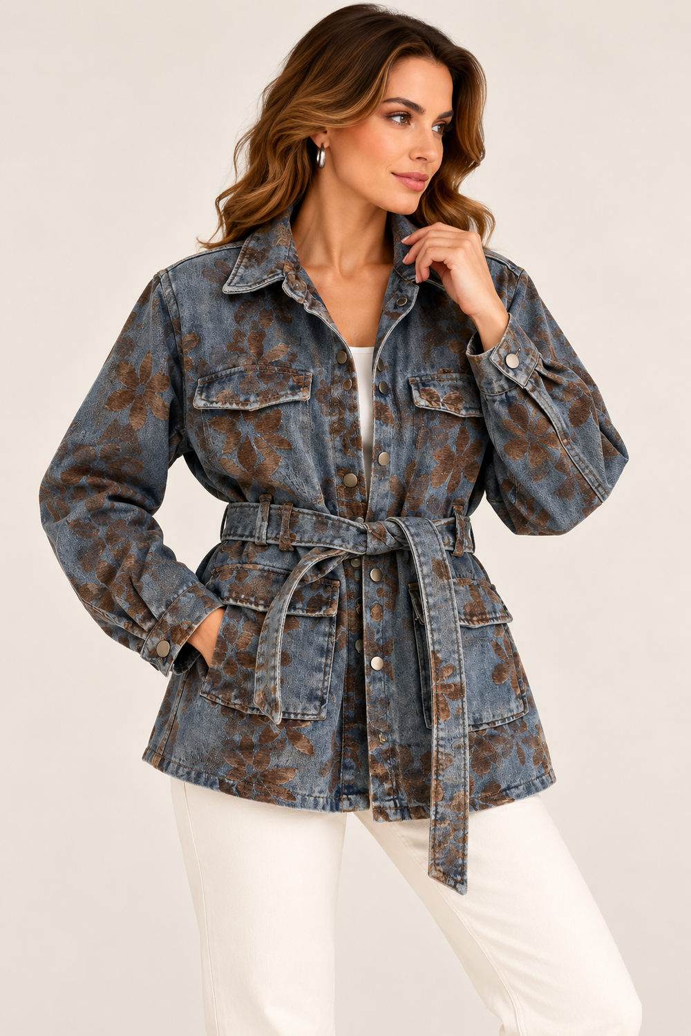 CENTİLMEN Çiçek Desenli Kemerli Denim Kadın Ceket 7647