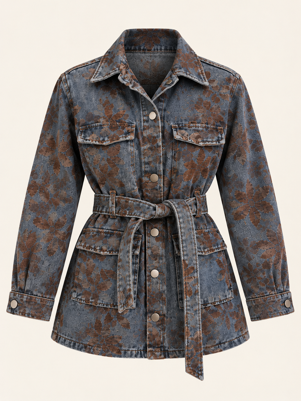 CENTİLMEN Çiçek Desenli Kemerli Denim Kadın Ceket 7647