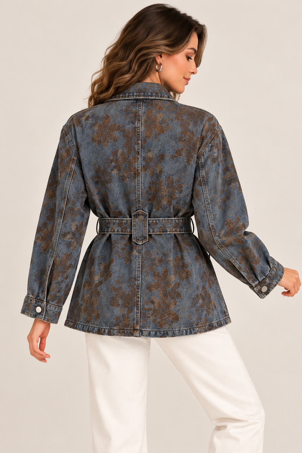 CENTİLMEN Çiçek Desenli Kemerli Denim Kadın Ceket 7647