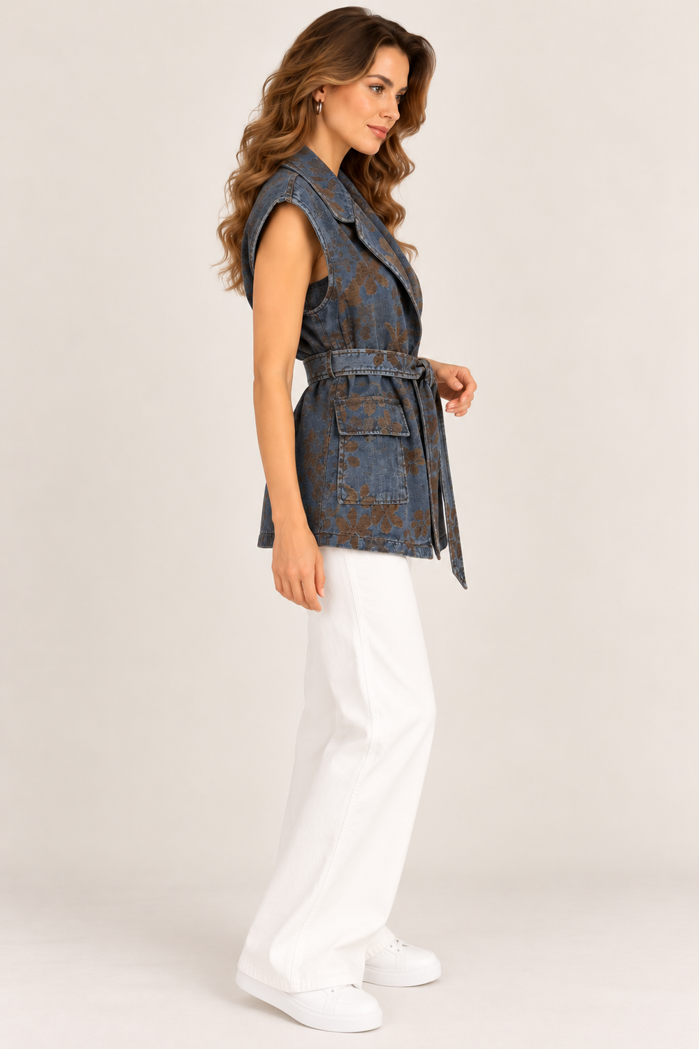 CENTİLMEN Çiçek Desenli Kemerli Denim Yelek  9508