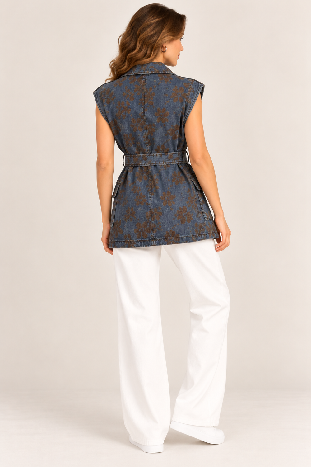 CENTİLMEN Çiçek Desenli Kemerli Denim Yelek  9508