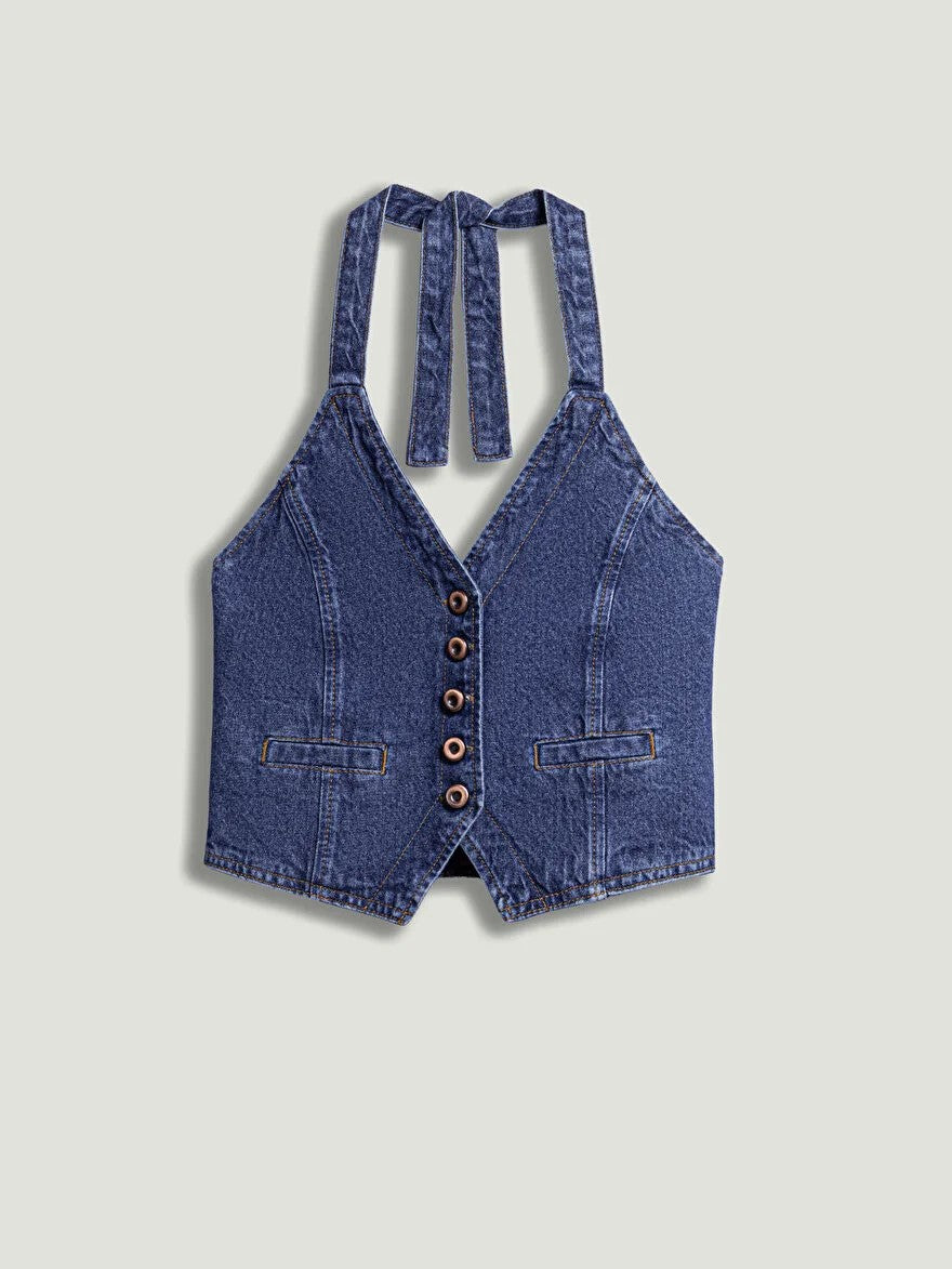 NOCTURNE Boyundan Bağlamalı Denim Yelek 7086