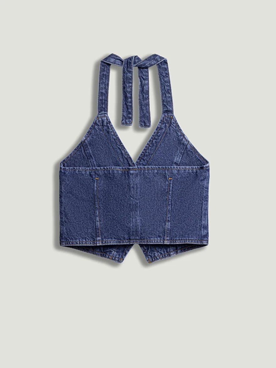 NOCTURNE Boyundan Bağlamalı Denim Yelek 7086
