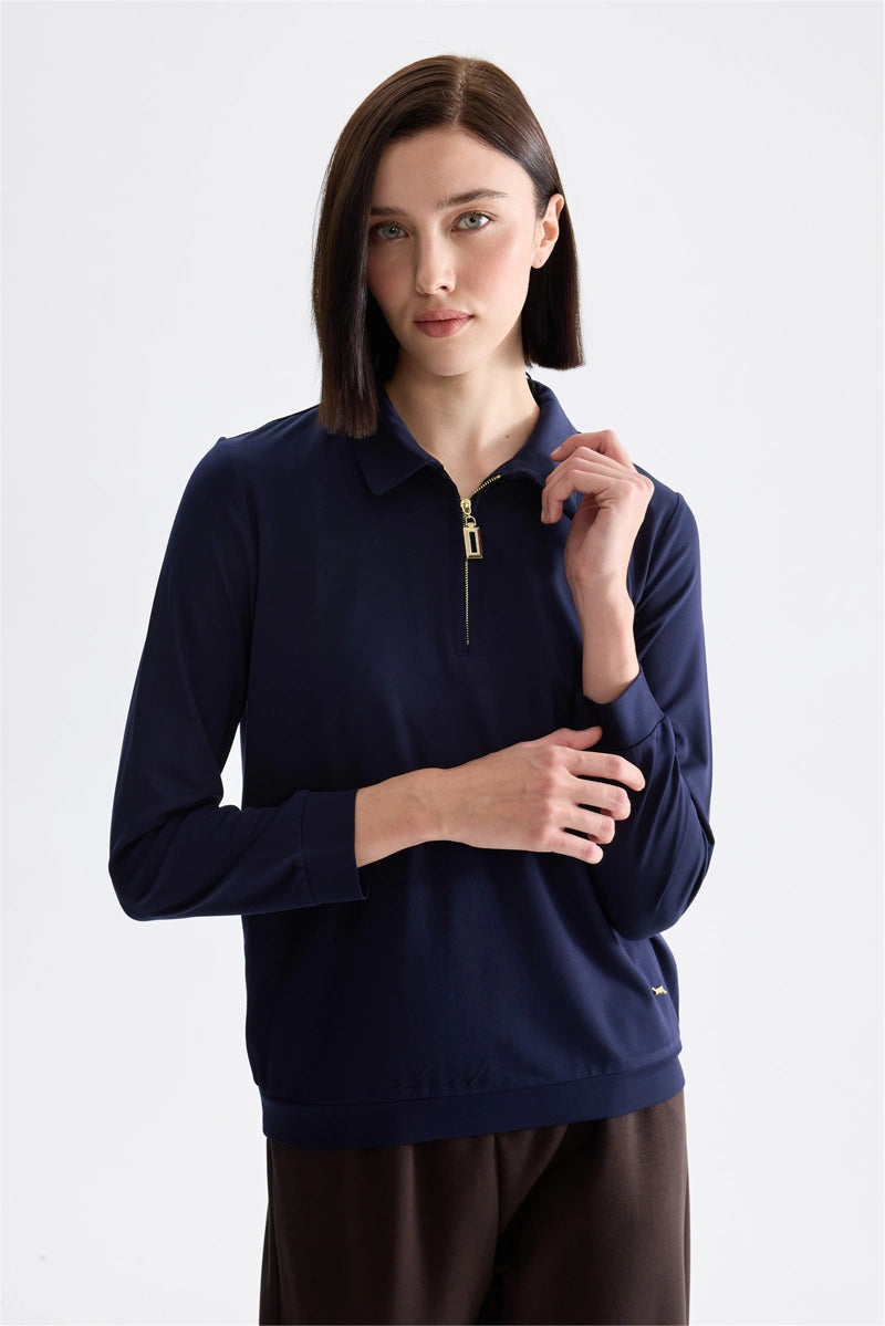 ON TRİKO Polo Yaka Fermuar Detaylı Bluz 11373