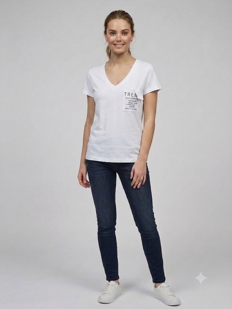 ON TRİKO Kadın V Yaka Cep Detaylı Baskılı T-Shirt 7147971479