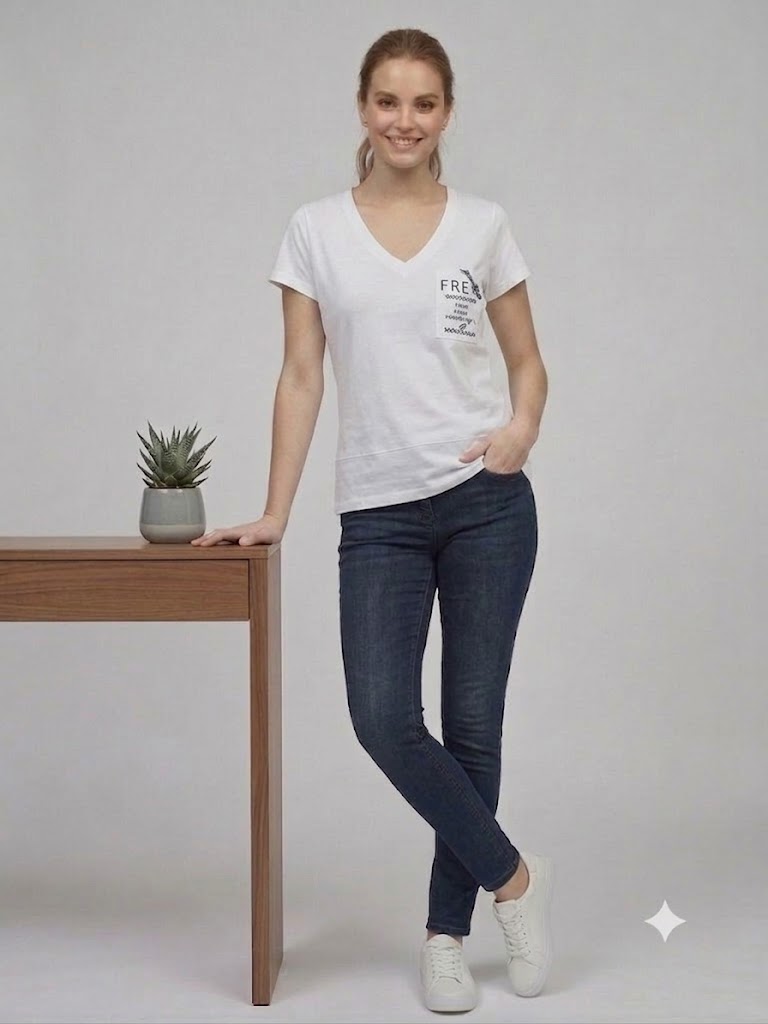 ON TRİKO Kadın V Yaka Cep Detaylı Baskılı T-Shirt 7147971479