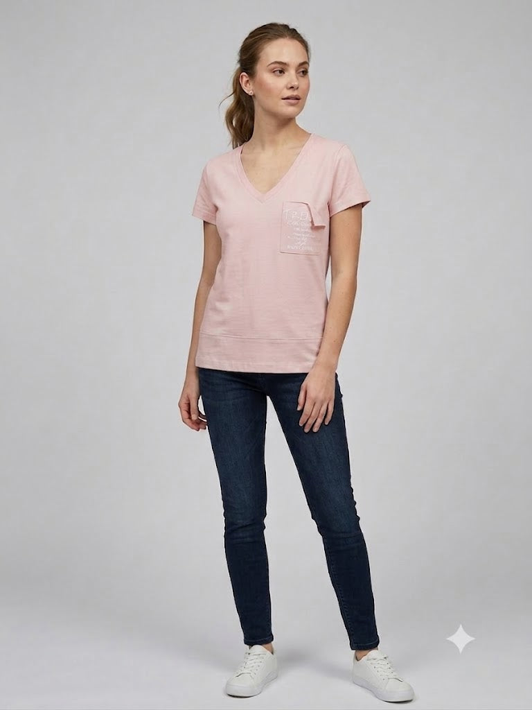 ON TRİKO Kadın V Yaka Cep Detaylı Baskılı T-Shirt 7147971479
