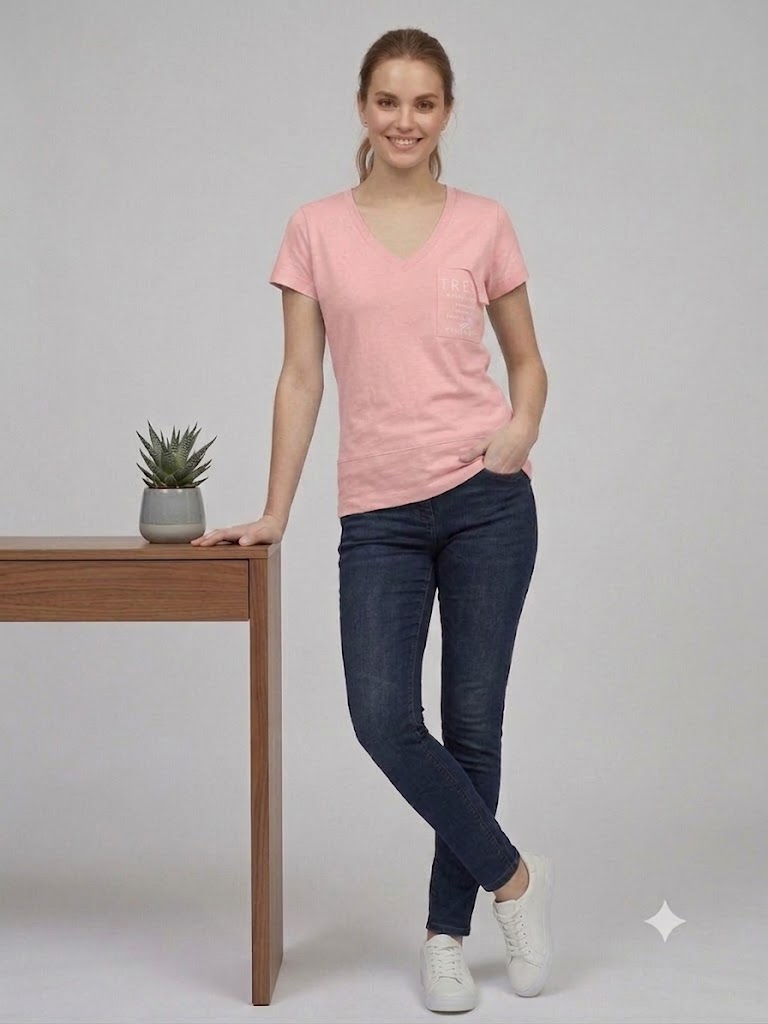 ON TRİKO Kadın V Yaka Cep Detaylı Baskılı T-Shirt 7147971479