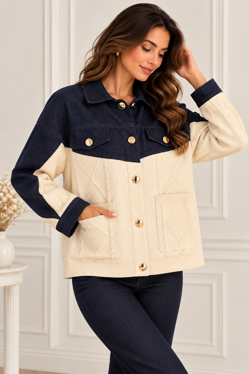 ON TRİKO Triko Detaylı Denim Ceket 16536