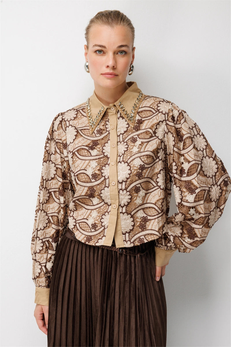 ON TRİKO İşleme Detaylı Crop Pamuk Gömlek 10396