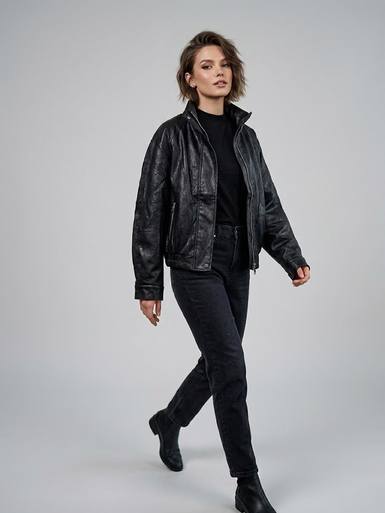 ON TRİKO Vintage Deri Ceket Dik Yaka Cepli Bomber Model Suni Deri Mont 10707