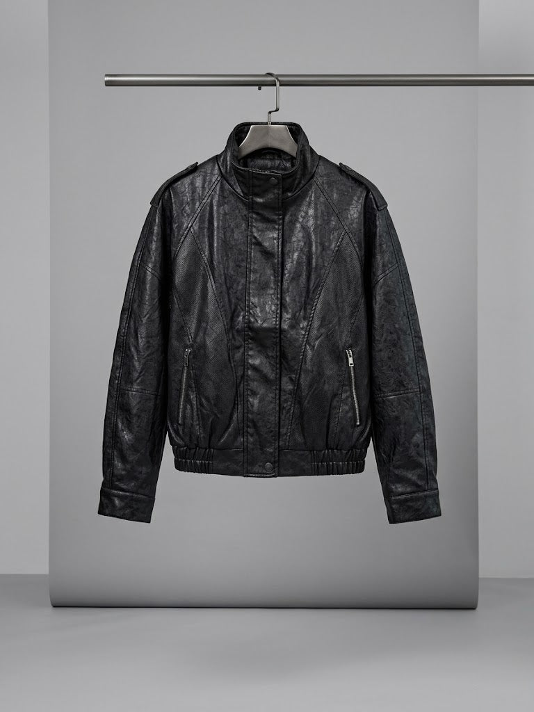 ON TRİKO Vintage Deri Ceket Dik Yaka Cepli Bomber Model Suni Deri Mont 10707