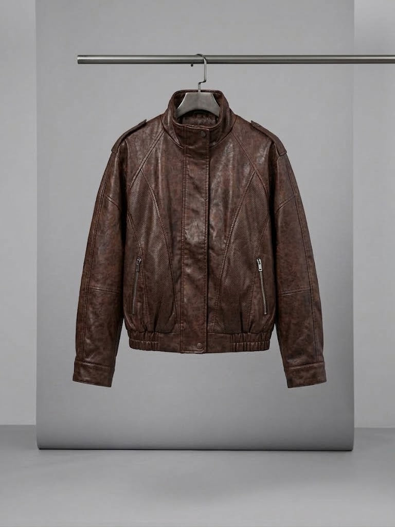 ON TRİKO Vintage Deri Ceket Dik Yaka Cepli Bomber Model Suni Deri Mont 10707