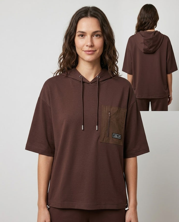 ON TRİKO Kapüşonlu Kısa Kollu Cepli Sweatshirt 16335