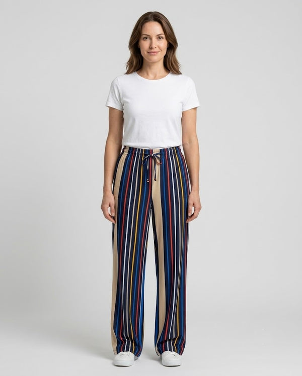 Centilmen Çizgili Beli Lastikli Ve Bağlamalı Wide Leg Pantolon 124032