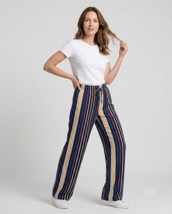 Centilmen Çizgili Beli Lastikli Ve Bağlamalı Wide Leg Pantolon 124032