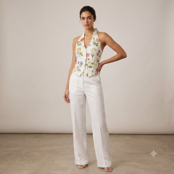 Çiçek Desenli Halter Yaka Ekru Crop Bluz 2314053