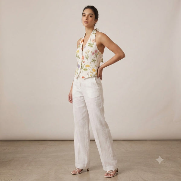 Çiçek Desenli Halter Yaka Ekru Crop Bluz 2314053