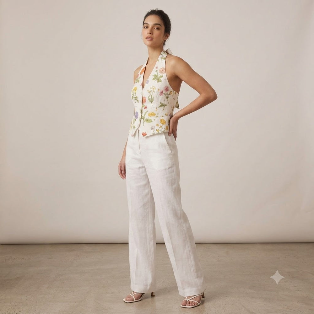 Çiçek Desenli Halter Yaka Ekru Crop Bluz 2314053