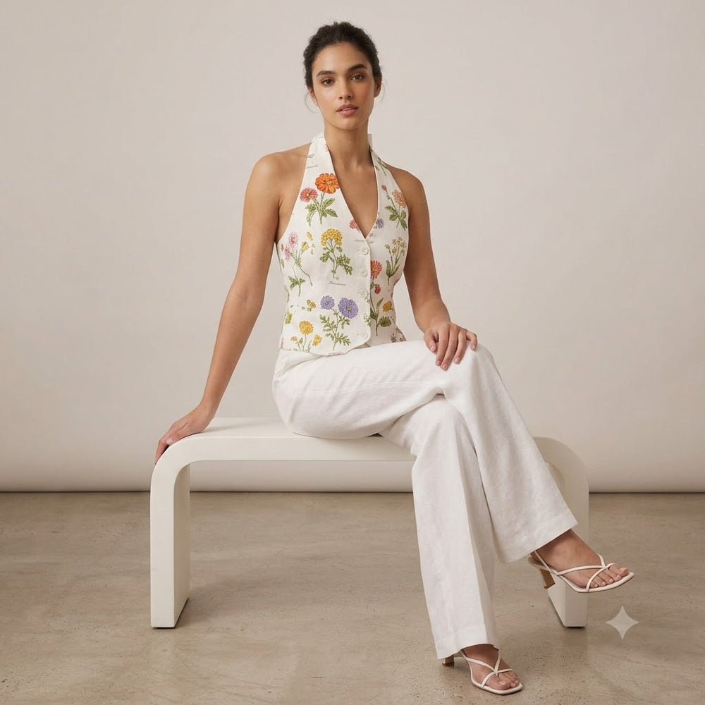 Çiçek Desenli Halter Yaka Ekru Crop Bluz 2314053