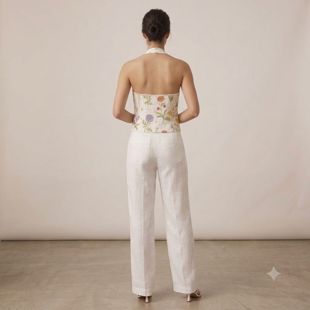 Çiçek Desenli Halter Yaka Ekru Crop Bluz 2314053