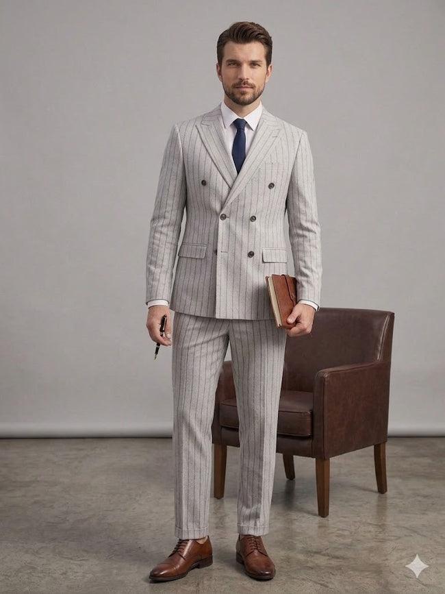SELİM HAVAN Erkek Modern Fit Çizgili Kruvaze Ceket 0014