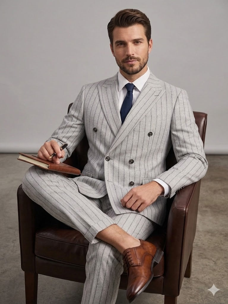 SELİM HAVAN Erkek Modern Fit Çizgili Kruvaze Ceket 0014