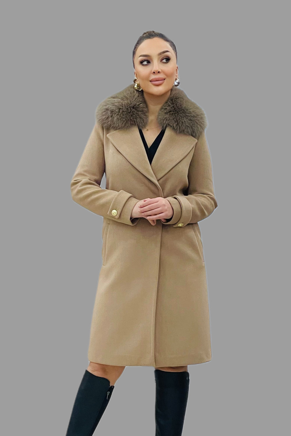 TOSATO Yaka Kürk Detaylı Kaşe Kaban 5243