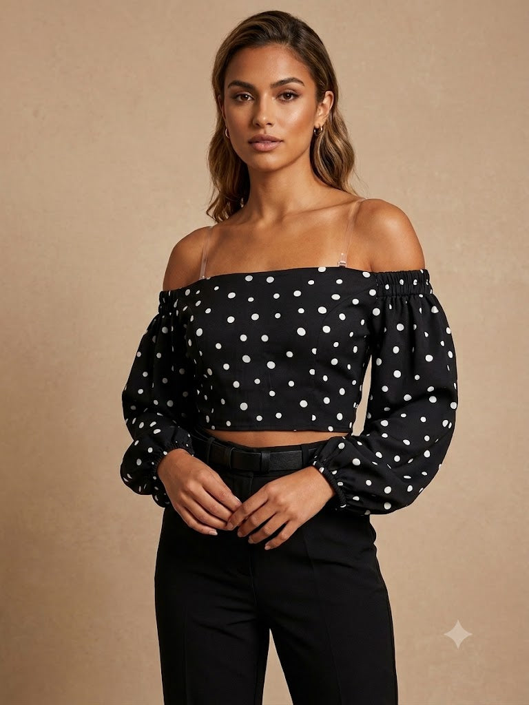 UNIQUE Puantiyeli Düşük Omuz Crop Bluz 247019