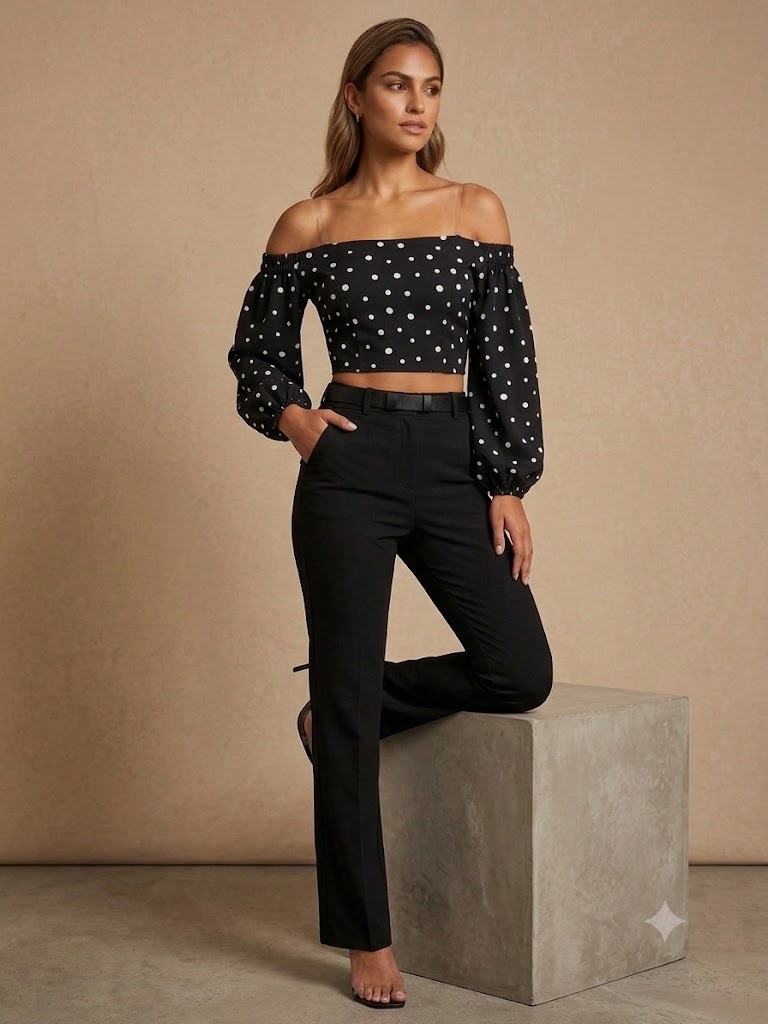 UNIQUE Puantiyeli Düşük Omuz Crop Bluz 247019
