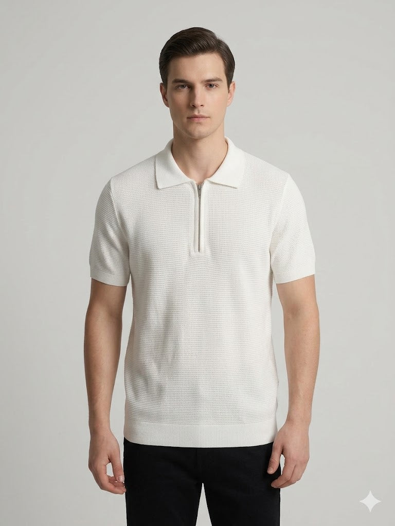 VAGANZA Fermuarlı Polo Yaka Dokulu Kısa Kollu Triko T-Shirt 4083