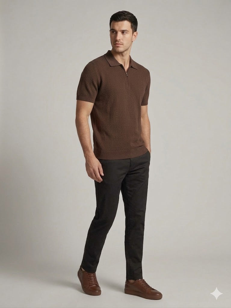 VAGANZA Fermuarlı Polo Yaka Dokulu Kısa Kollu Triko T-Shirt 4083