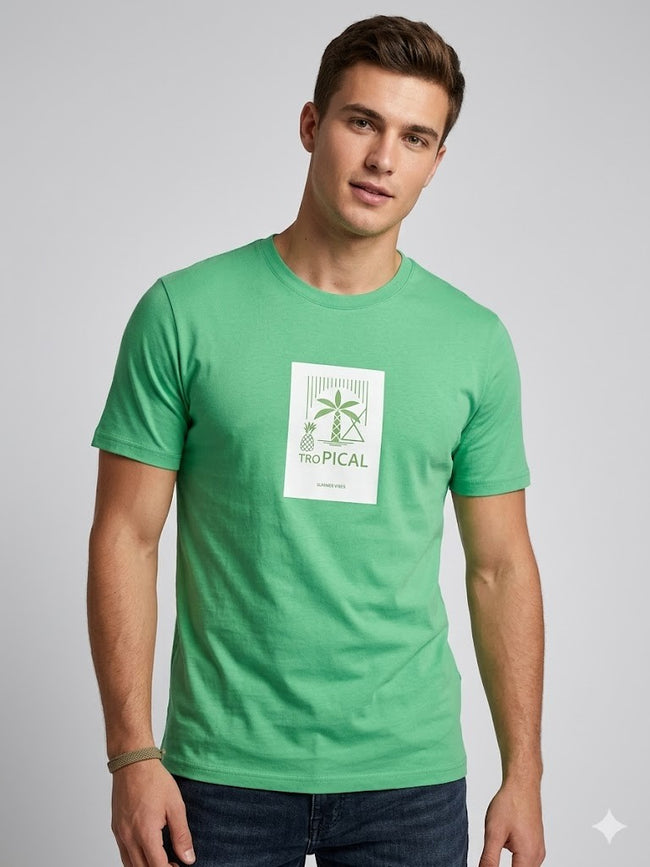 XINT Erkek Yeşil Tropical Baskılı Bisiklet Yaka Basic T-Shirt 502096