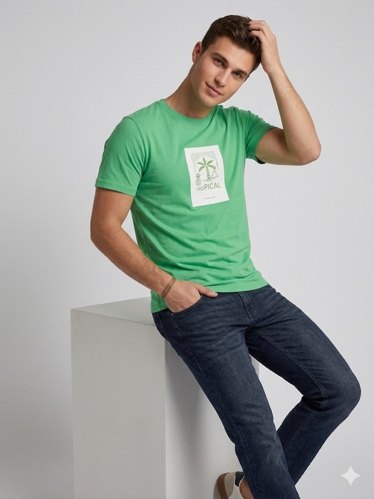 XINT Erkek Yeşil Tropical Baskılı Bisiklet Yaka Basic T-Shirt 502096