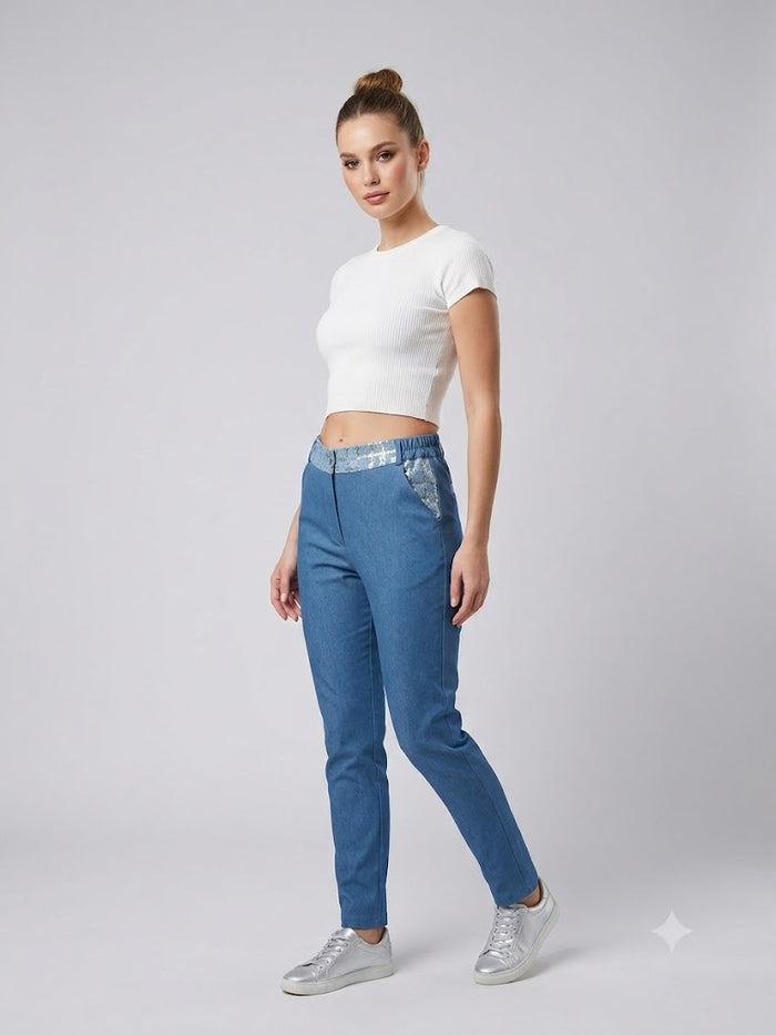 YSATİS Pullu ve Sim Detaylı Beli Lastikli Kadın Denim Pantolon 2000101
