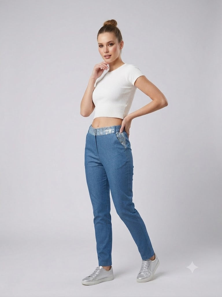 YSATİS Pullu ve Sim Detaylı Beli Lastikli Kadın Denim Pantolon 2000101