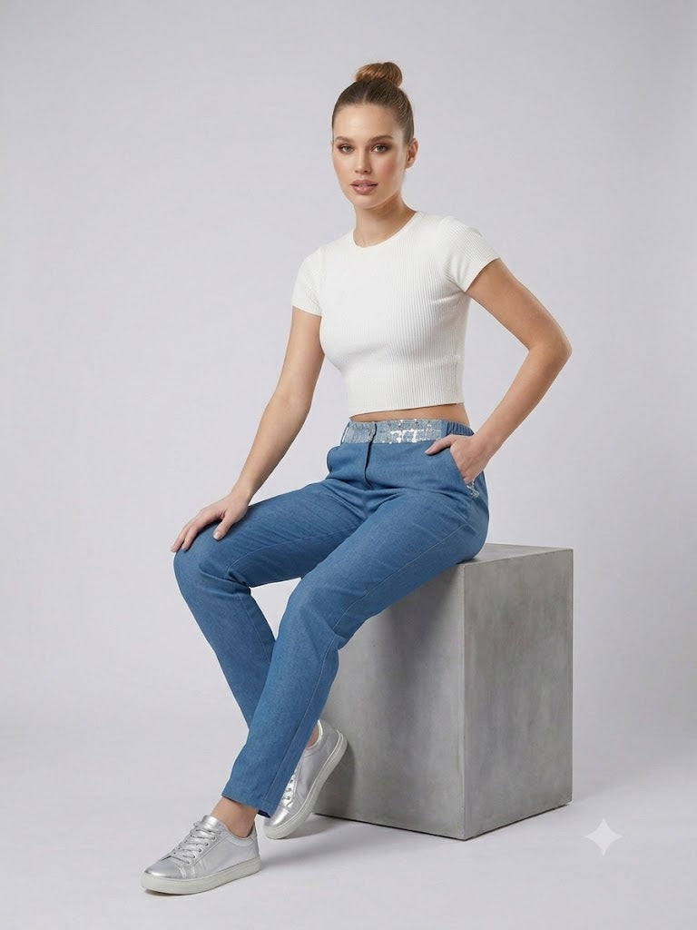 YSATİS Pullu ve Sim Detaylı Beli Lastikli Kadın Denim Pantolon 2000101