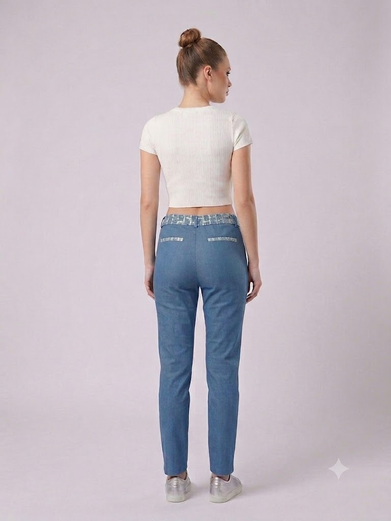 YSATİS Pullu ve Sim Detaylı Beli Lastikli Kadın Denim Pantolon 2000101